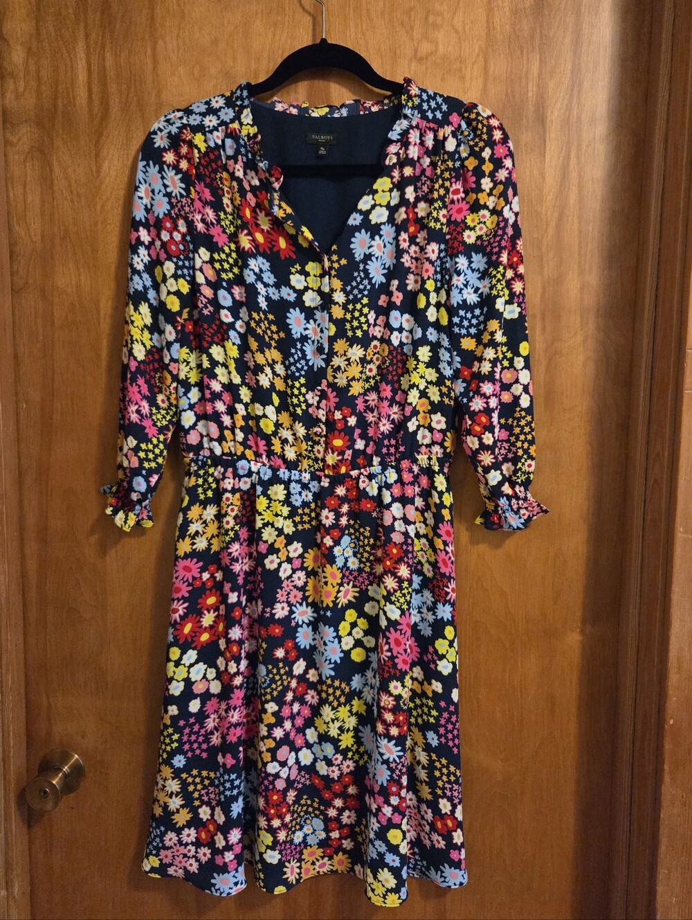 Talbots Multicolor Ditsy Floral  Long-Sleeve Dress V-neck Button Front  Size Mp